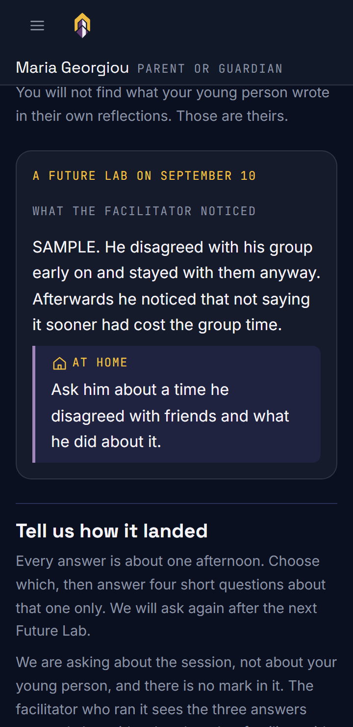 How it is going, for Andreas Georgiou. A Future Lab on September 10: what the facilitator noticed, and a prompt marked At home: ask him about a time he disagreed with friends and what he did about it.