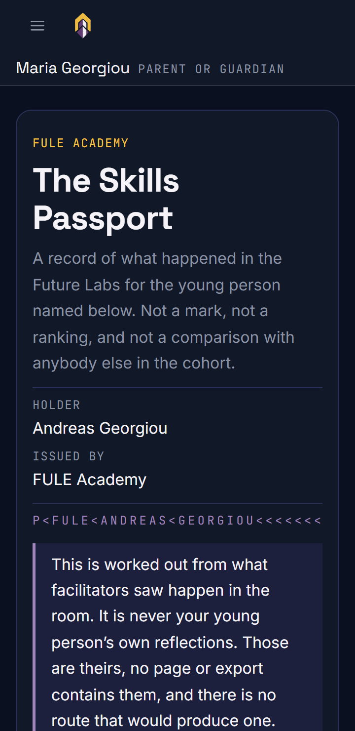 The Skills Passport for Andreas Georgiou as a parent sees it. A note says it is worked out from what facilitators saw in the room and never from his own reflections, and that no page or export contains them.