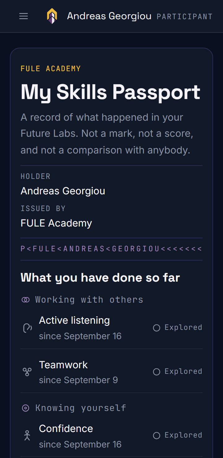 My Skills Passport for Andreas Georgiou, issued by FULE Academy. Under What you have done so far, Active listening, Teamwork and Confidence each say Explored, with the date since.